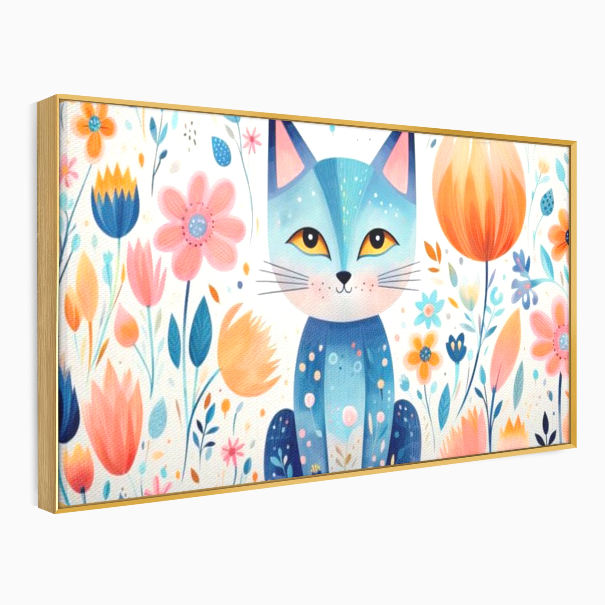 Tablou canvas cu ilustratie digitala cu pisica albastra si flori, in rama de aluminiu auriu
